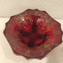 Beautiful Ruby  Red Large Glass Floral With Silver Sterling Over Play Footed Bowl 12” Wide And 4” Height