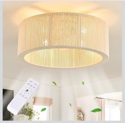 Brand New 20 Inch Boho Fandelier Ceiling Fan with Light, Caged Low Profile Flush Mount Ceiling Fan, 6 Speed Rattan Chandelier with Remote Control for 