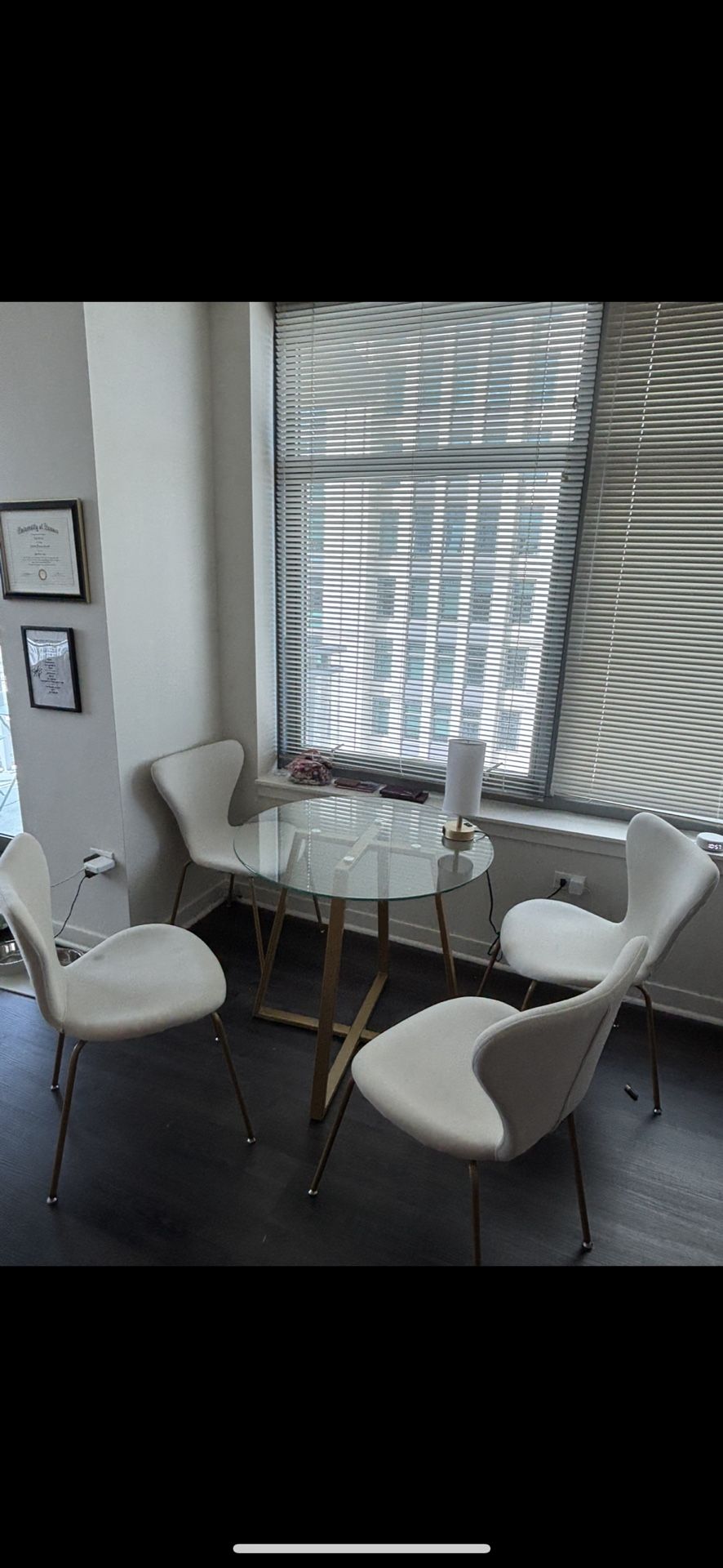 Dining set for 4, white chairs, gold/glass table