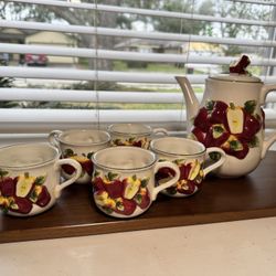 Vintage Ceramic 3D Apple Teapot Set with 6 cups With Rack 