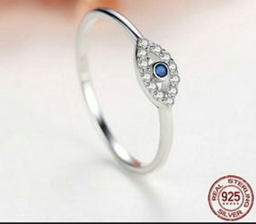 Sterling 925 Silver Blue Good Luck Eye Charm Stackable Ring