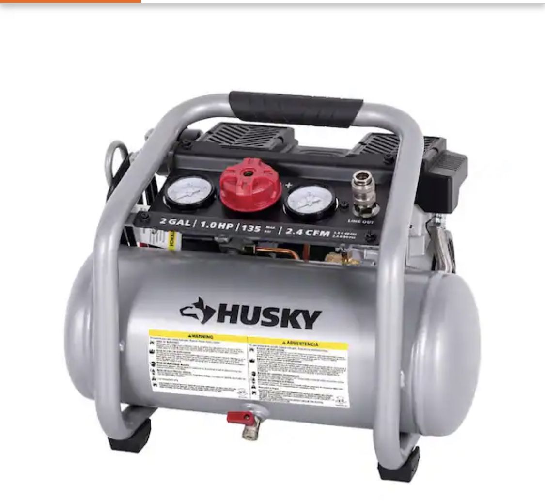 Husky 2 Gal. 135 PSI Portable Electric Oil-Free Quiet Jobsite Air Compressor with Dual Pressure Gauges and 1-Quick Coupler