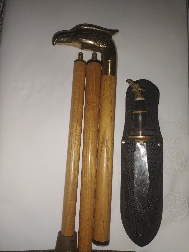 Vintage Brass Eagle Head 3 Piece Cane With Matching Utility Blade