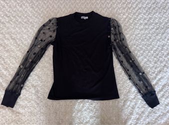 Night Studio Sz M Black Ribbed Top with Sheer Polka Dot Sleeves