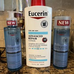set of 3 eucerin•cleansing gel•16.9oz advanced repair lotion•micellar water cleanser•all for $20