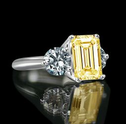 3.5 ct Emerald Cut Canary Stone w/1ct Round Stone on each side, three stones vintage style canary ring simulated diamond vr-dmd 635R72118-canary