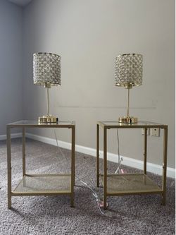 Gold Glass Side Tables with Crystal Touch Lamps – Matching Set
