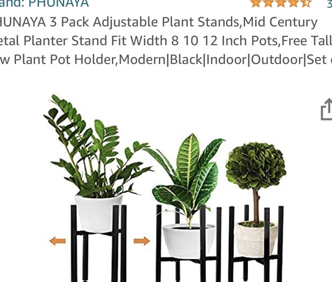 PHUNAYA 3 Pack Adjustable Plant Stands,Mid Century Metal Planter Stand Fit Width 8 10 12 Inch Pots,