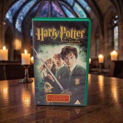Harry Potter & the Chamber of Secrets (VHS, 2002) [PAL] UK Green Clamshell Case. This image shows a United Kingdom (PAL) VHS edition of the movie Harr