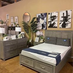 3 PCS QUEEN BEDROOM SET: QUEEN BED FRAME, NIGHTSTAND, DRESSER