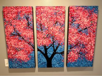 Cherry Blossom Tree Triptych Canvas Wall Art