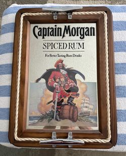 Title: Vintage Captain Morgan Spiced Rum Bar Mirror Sign - Nautical Rope & Cleats