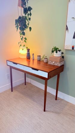 Mid-Century Modern Wood Desk with Textured White Drawers