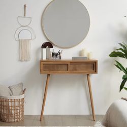 Rattan Entryway Table With Sliding Door Console 