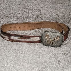 VTG Flying Eagle Buckle Silver Gold Tone Brown Leather Detailed Men's Belt