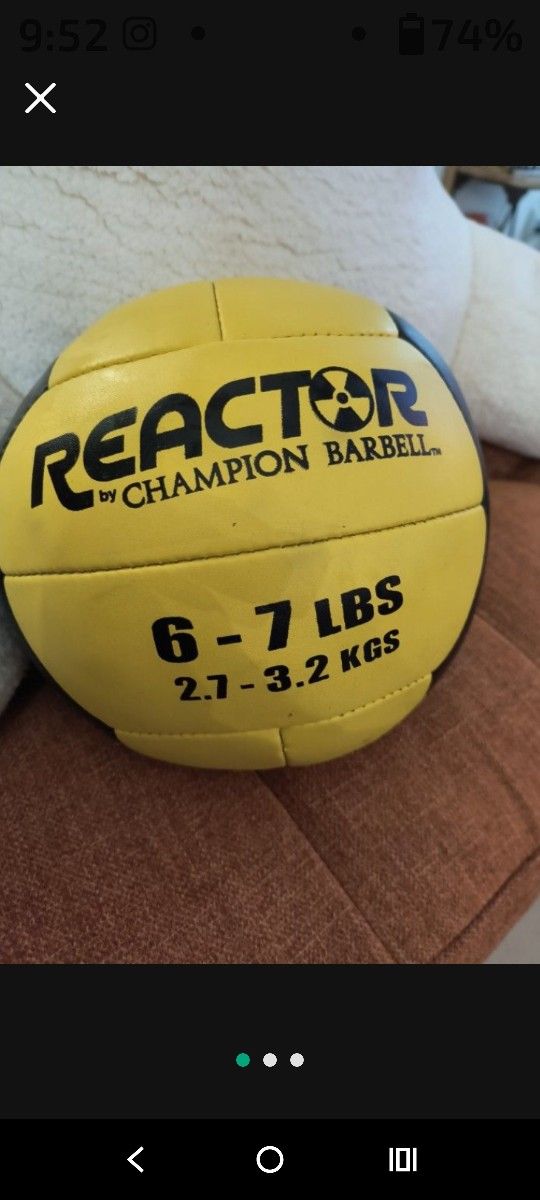 Reactor by Champion Barbell medicine ball. This particular ball is yellow and weighs 6-7 lbs
