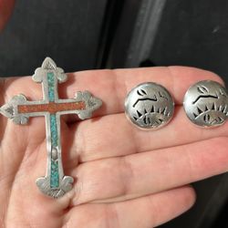 Vintage Old Pawn Silver 1950’s Native Cross Pendant Inlay Turquoise Coral Large Signed Sun Moon Handcrafted Sterling Silver Retro Mid Century Jewelry 