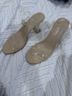 Greatonu Clear Heels Womens 6 Chunky Block Heel Ankle Strap Sandals Beige