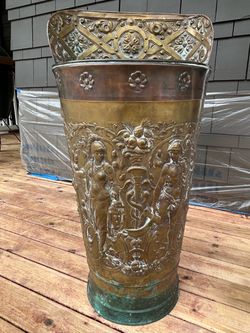 Antique French Brass & Copper Repoussé Ceremonial Hotte / Umbrella Stand - French Decor