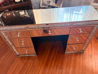 Mirrored Vanity Desk with Crystal Trim