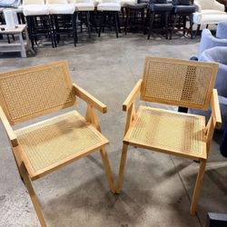Set of 2 Solid Wood Rattan Dining Chairs 