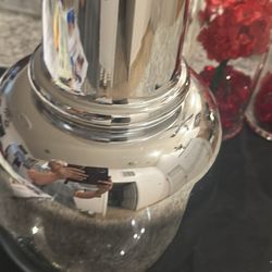 Pretty Decanter/ Vase Vintage Strong Silver And Clear Glass- Pretty As A Center piece