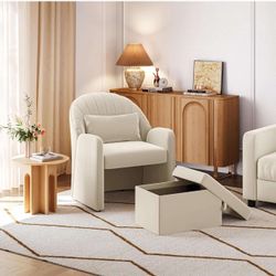 Small Barrel Accent Chair with Footrest, Velvet Modern Comfy Cute  Beige M-22