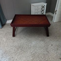 Folding Rattan-top Wooden Tray Table