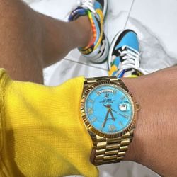 Yellow Gold Tiffany Blue Dial Diamond Numerals Presidential Day Date Watch 41mm