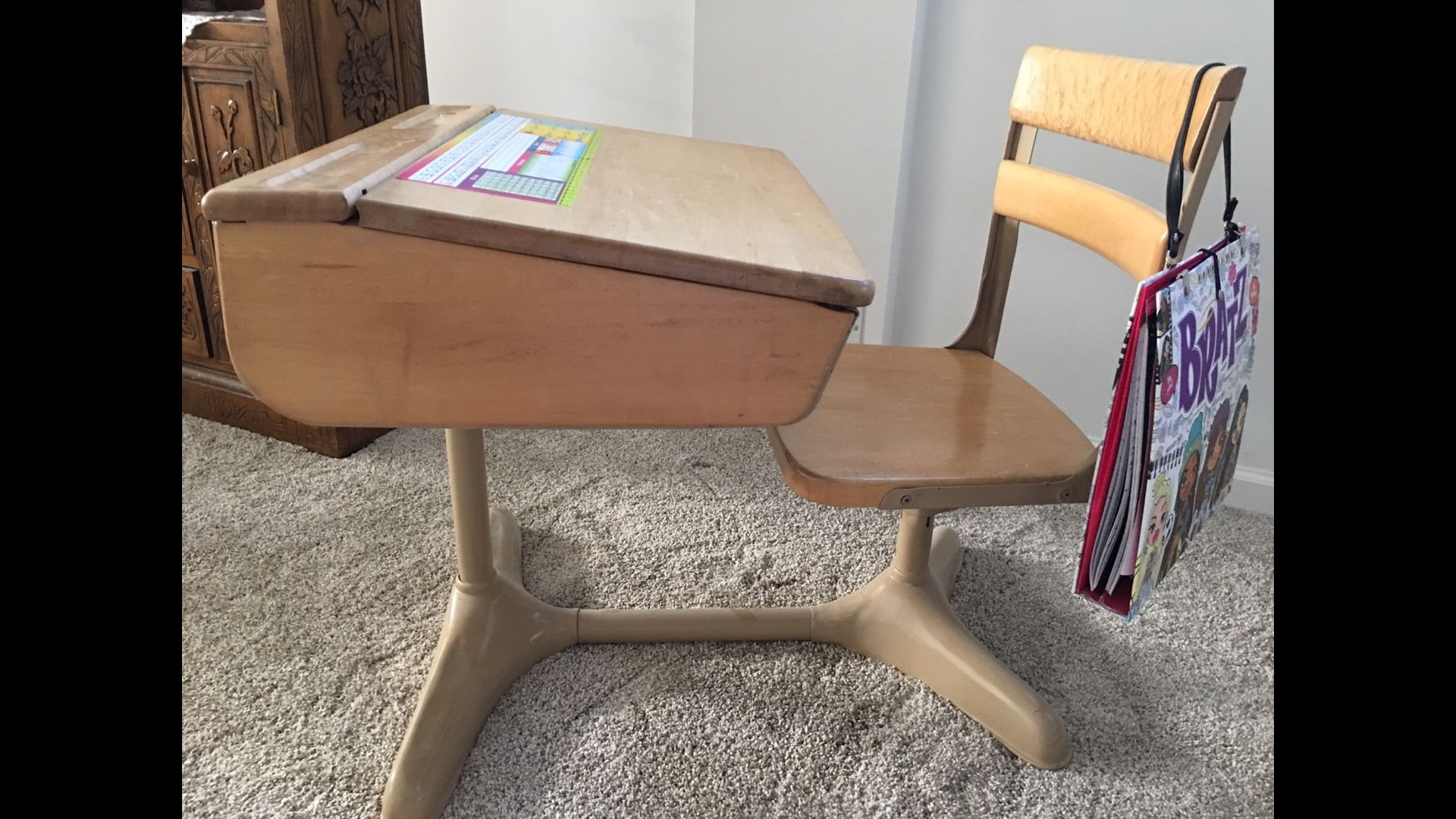 Antique Wooden Desk with metal base. The char moves left and right like almost 180*