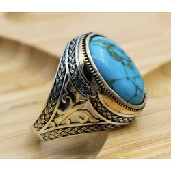 Turquoise Mens Ring 925k Sterling Silver Ottoman Ring Gemstone Ring Size 10