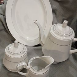 Royal Majestic   Fine China Platinum Trim Tea Set 8446, Teapot, Creamer, Sugar Bowl,With One Oval Platter Plate 