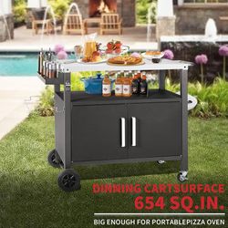 Grill Cart Table with Big Storage Cabinet, Movable Outdoor Dining Cart Pizza Oven Stand, Kitchen Cart Island Multifunction Food Prep Table Stainless S