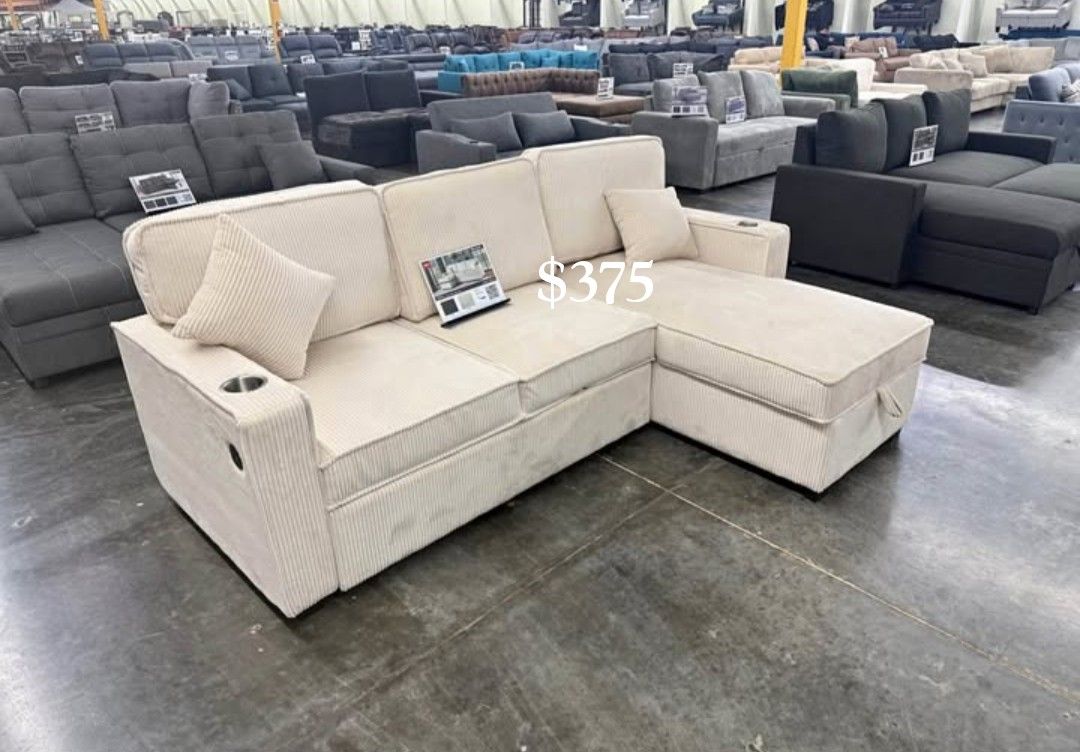 Corduroy 2-Pc Ivory Sectional Sofa With USB Port, Reversible Chaise, & Pullout Bed ( Brand New In Box‼️)