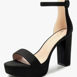 New Women's Platform Heels 4 Inches Open Toe Ankle Strap Chunky High heels Dress Pump Sandals Black Shoe Size 7.5
