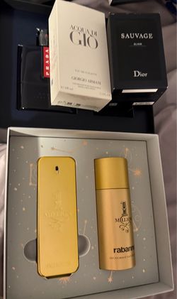1 Million Cologne Gift Set 3.4 oz, Prada 5.4 oz, aqua de gio 3.4 oz, Dior Elixer 3.4oz