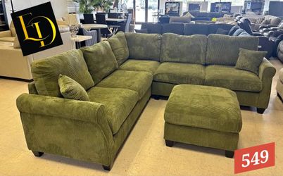 Green Corduroy Sectional Sofa with Ottoman