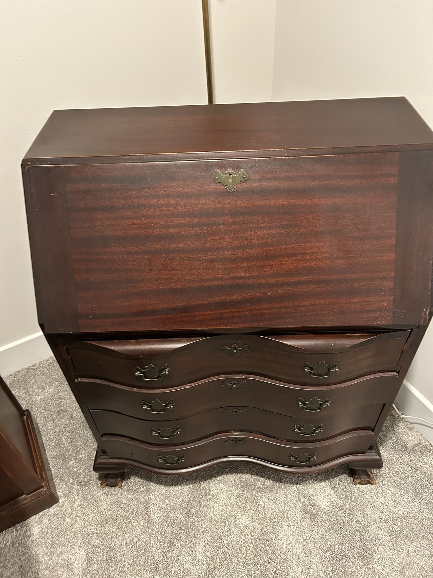 Ball and Claw Feet 1940s Mahogany Secretary Desk by Rockford