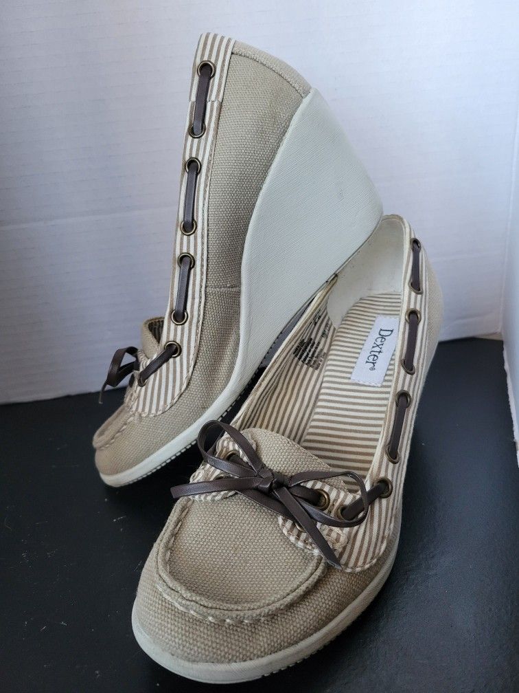 Women's Dexter Tan Canvas Wedges Eyelet & Lace Through Sides Size 7 EUC