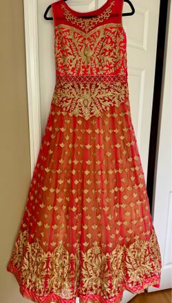$119 Pink Gold Embroidered Floor-Length Gown with Optional Pants | Indian Formal Dress