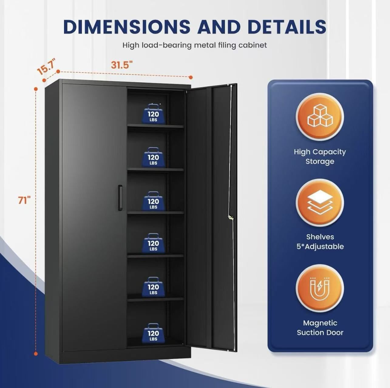 Metal Garage Storage Cabinet with 2 Doors and 5 Adjustable Shelves - 71"