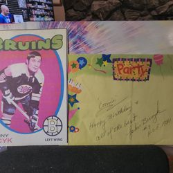 Johnny Bucyk, HOF BRUINS  SIGNED 8x5.5 Happy birthday note W/ COA & PRINT