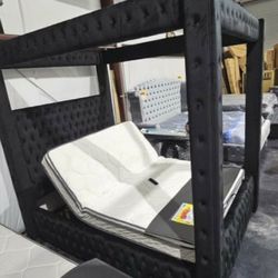 New black Canopy Bed with speakers usb ports