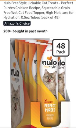 Nulo FreeStyle Lickable Cat Treats - Perfect
Purées Chicken Recipe, Squeezable Grain-
Free Wet Cat Food Topper, High Moisture for
Hydration, 0.5oz Tub