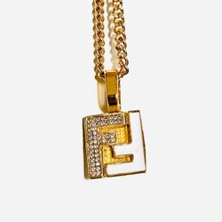 Vintage Fendi FF Gold Crystal Designer Brand Logo Charm Necklace On Cuban Link Chain