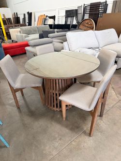 Grey upholstered brownwood glass top 48 circular dining table set