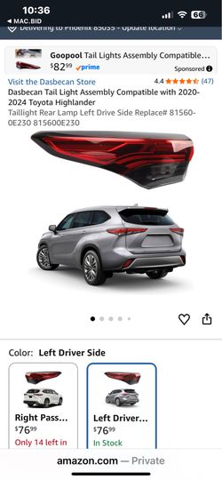 Toyota Highlander 20-24’ New Drivers Side Taillight.  See All Photos