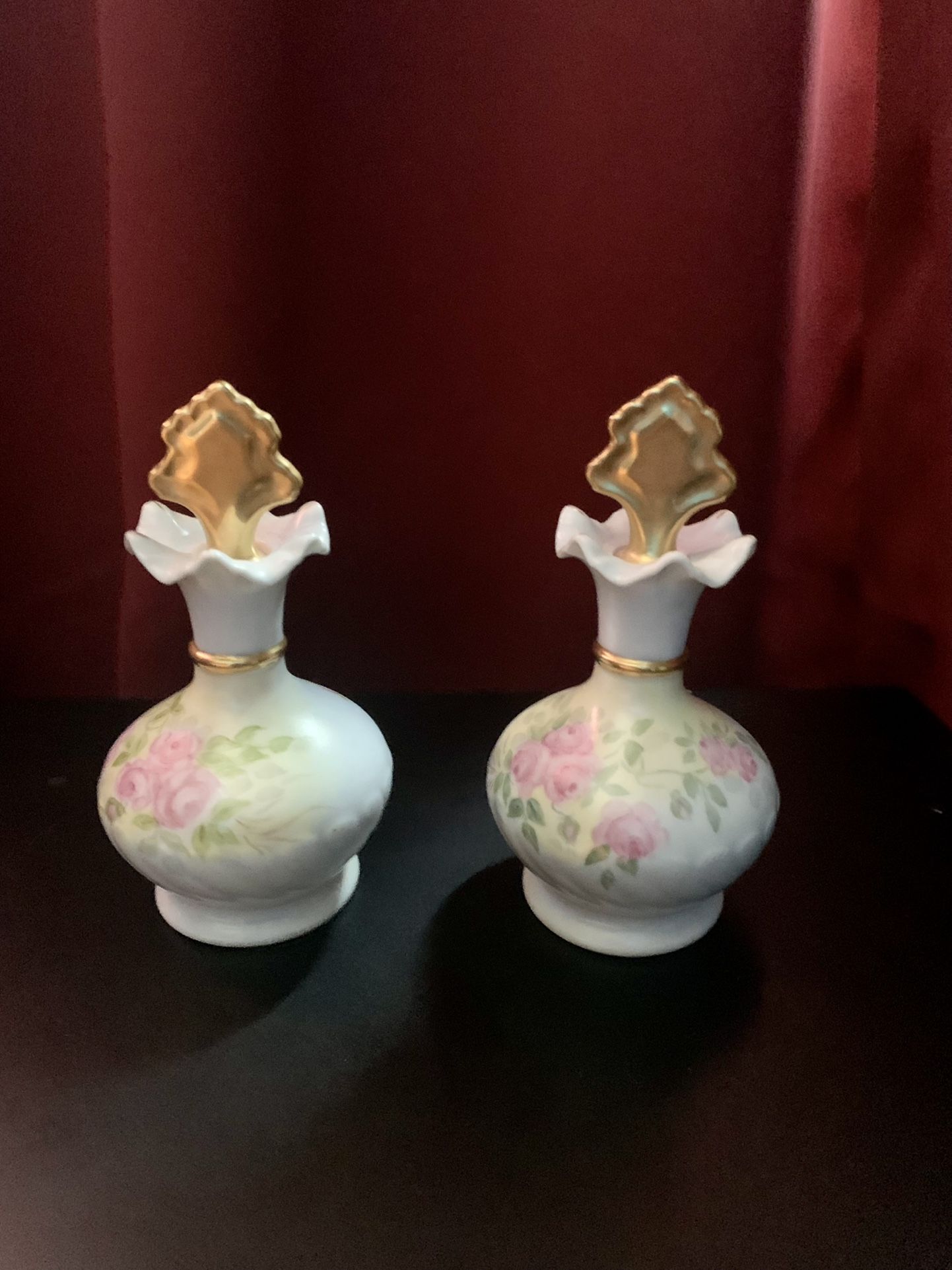 Vintage Porcelain Hand Pained Pastel Perfume Bottles w/Gilded Gold Stopper