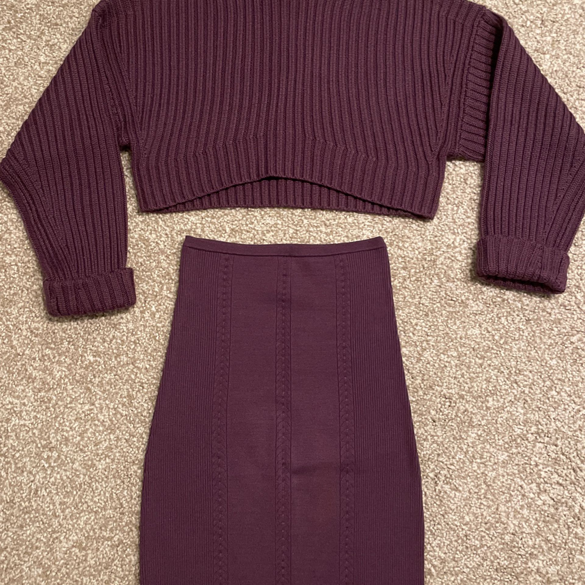 Crop Sweater And  Rib Slim Pencil Midi Skirt 
