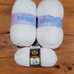 3 Skeins of White Yarn ~ James C Brett Top Value Double Knit Yarn & Lion Brand